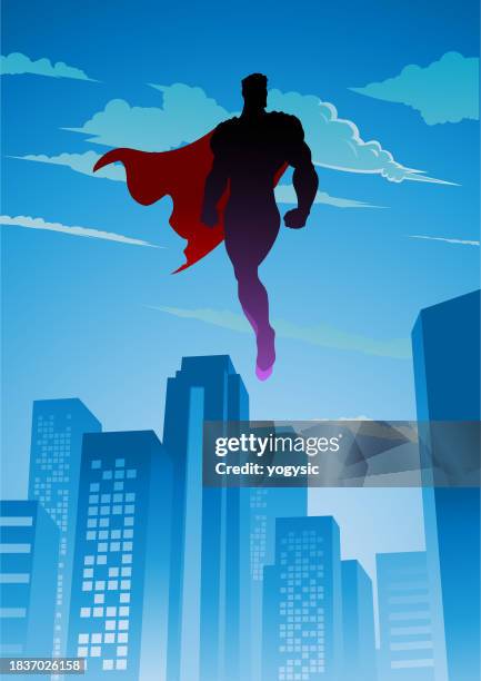 vektor-silhouette des superhelden, der in einer stadt schwebt – stockillustration - body types stock-grafiken, -clipart, -cartoons und -symbole