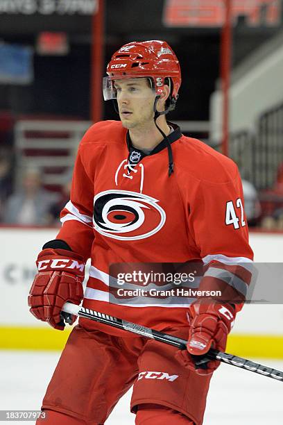 Brett Sutter of the Carolina Hurricanes during play against the Philadelphia Flyers at PNC Arena on October 6, 2013 in Raleigh, North Carolina. The...