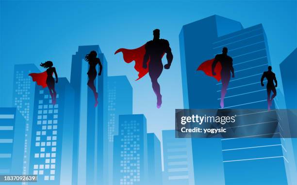 vector silhouette of superhero team flying floating in a city stock illustration - superman logo stock illustrations