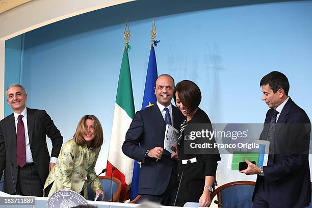 Ministers of the PDL Gaetano Quagliariello, Beatrice Lorenzin, Angelino Alfano, Nunzia de Girolamo and Maurizio Lupi attend a press conference at...