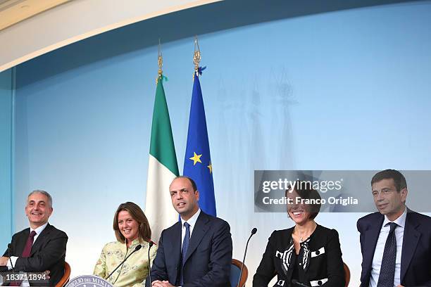 Ministers of the PDL Gaetano Quagliariello, Beatrice Lorenzin, Angelino Alfano, Nunzia de Girolamo and Maurizio Lupi attend a press conference at...