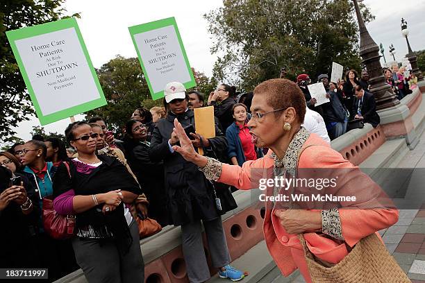 Delegate Eleanor Holmes Norton tries to quiet protesters seeking continued funding for the Washington DC government in front of the U.S. Capitol as...