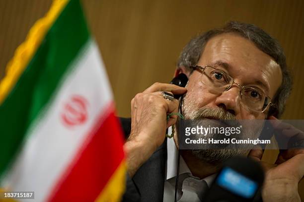 Iran's parliament speaker and former Tehran's top nuclear negotiator Ali Larijani speaks to members of the press after the International...