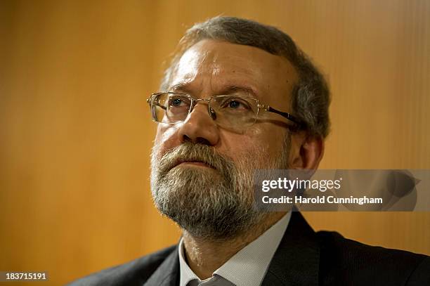 Iran's parliament speaker and former Tehran's top nuclear negotiator Ali Larijani speaks to members of the press after the International...