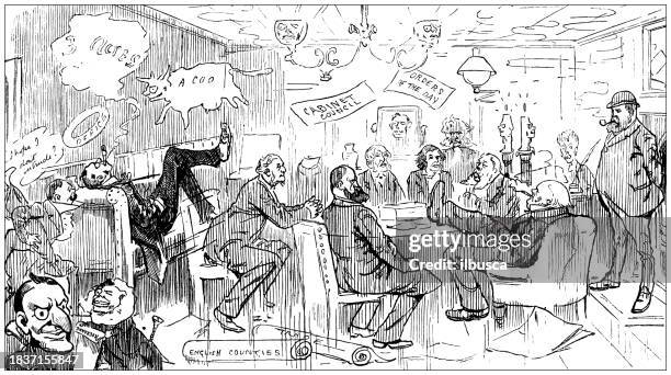 british satire caricature comic cartoon illustration - people around conference table cartoon stock illustrations