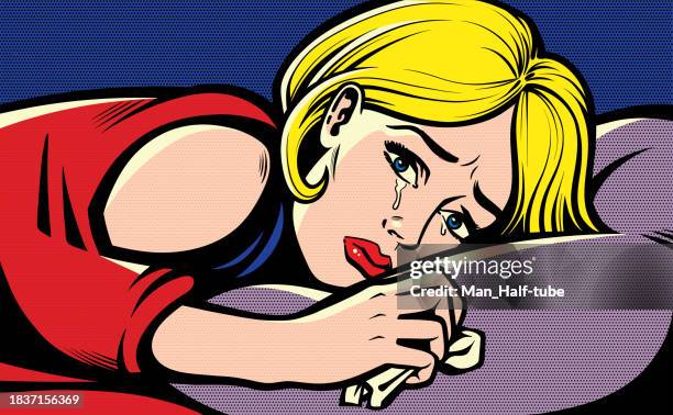 illustrazioni stock, clip art, cartoni animati e icone di tendenza di donna dei fumetti triste e piangente pop art - cuore spezzato