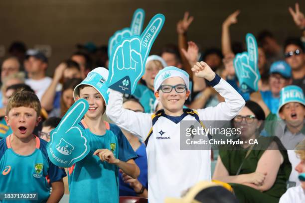 Fans cheer during the BBL match between Brisbane Heat and Melbourne Stars at The Gabba, on December 07 in Brisbane, Australia.