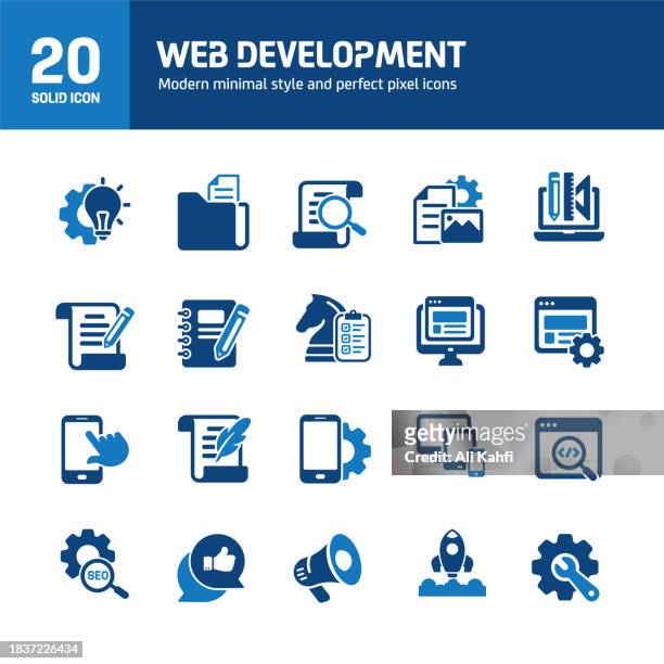web development solid icons. containing web design, web page, programming solid icons collection. vector illustration. for website design, logo, app, template, ui, etc. - solid stock illustrations