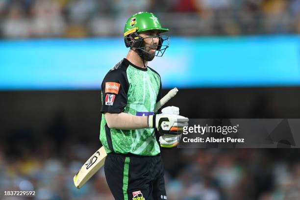 Glenn Maxwell of the Stars leaves the field after getting caught out during the BBL match between Brisbane Heat and Melbourne Stars at The Gabba, on...