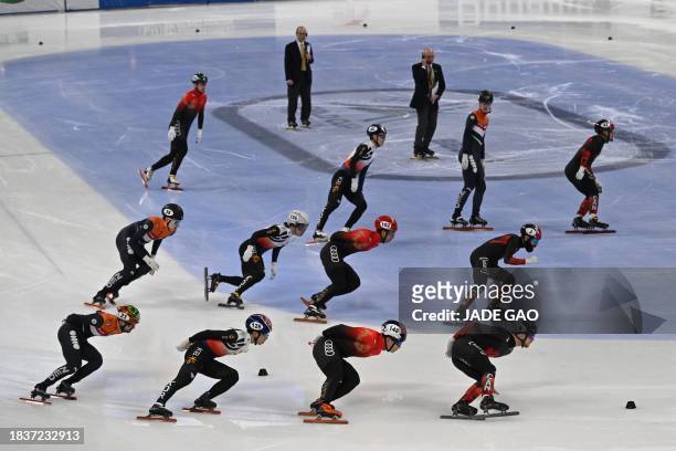 Skaters from Netherlands, South Korea, China and Canada compete in the final A of the men's 5000m relay at the ISU World Cup Short Track Speed...