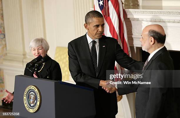 President Barack Obama shakes the hand of current Chairman of the Federal Reserve Ben Bernake during a press conference to nominate Janet Yellen to...