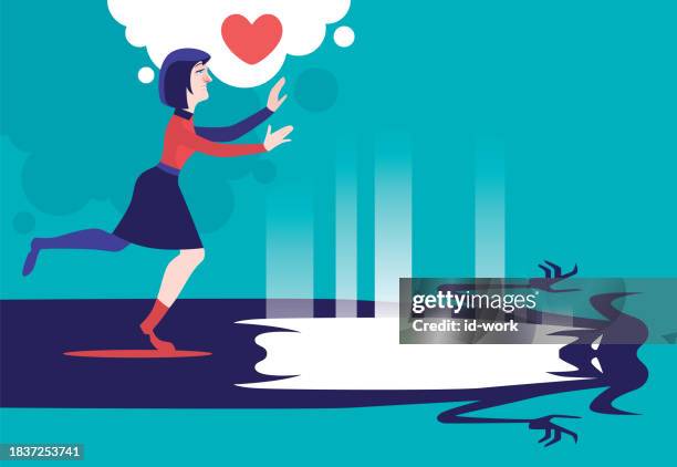 woman thinking love and stepping in evil on ground - romance fraud stock illustrations