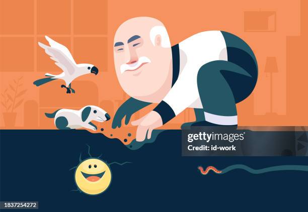 senior man digging on floor and searching for smiley icon - dog digging stock illustrations