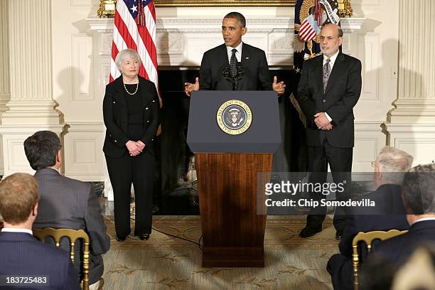 President Barack Obama speaks during a press conference to nominate Janet Yellen to head the Federal Reserve as current Chairman of the Federal...