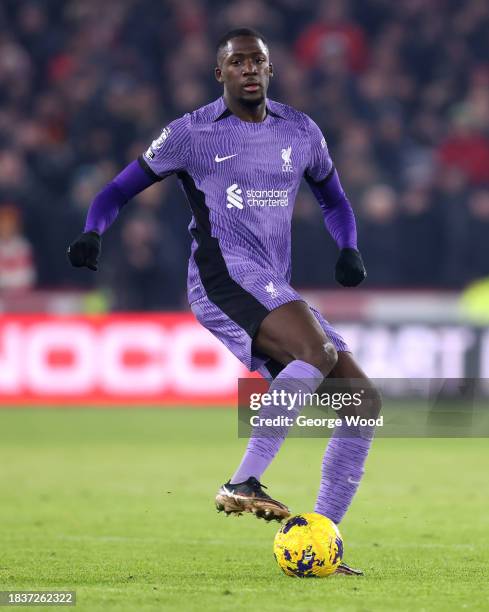 Ibrahima Konate of Liverpool on the ball during the Premier League match between Sheffield United and Liverpool FC at Bramall Lane on December 06,...