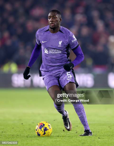 Ibrahima Konate of Liverpool on the ball during the Premier League match between Sheffield United and Liverpool FC at Bramall Lane on December 06,...