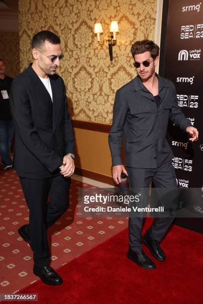 Of the Red Sea International Film Festival, Mohammed Al Turki and Andrew Garfield pose for a photocall ahead of the In Conversation With Andrew...