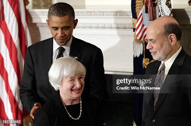 President Barack Obama applauds Janet Yellen , his nominee to be the next Chairman of the Federal Reserve, with current Federal Reserve Chairman Ben...