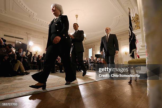 Janet Yellen , U.S. President Barack Obama and Fed Chairman Ben Bernanke leave after Obama announced that he has nominated Yellen to head the Federal...