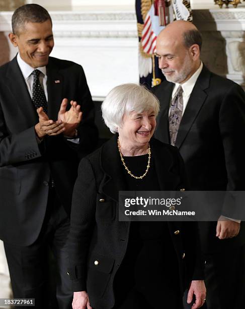 President Barack Obama applauds Janet Yellen , his nominee to be the next Chairman of the Federal Reserve, with current Federal Reserve Chairman Ben...