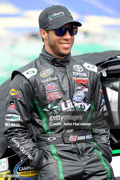 Darrell Wallace Jr., driver of the LibertyTireRecycling/Ground SmartRubber Toyota, during qualifying for the NASCAR Camping World Truck Series SFP...