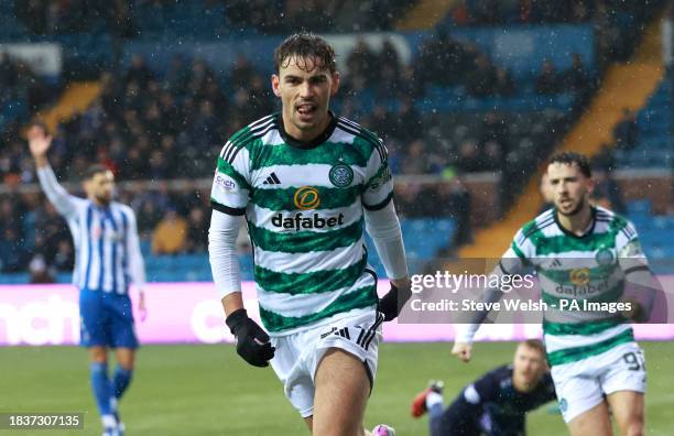 Celtic's Matt O'Riley celebrates scoring their side's first goal of the game during the cinch Premiership match at The BBSP Stadium Rugby Park,...