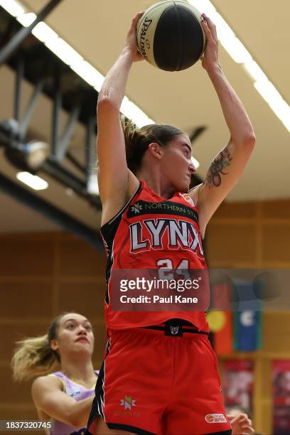 Anneli Maley of the Lynx rebounds during the WNBL match between Perth Lynx and Melbourne Boomers at Bendat Basketball Stadium, on December 07 in...
