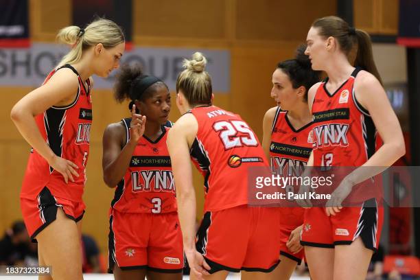 Aari McDonald of the Lynx addresses the team during the WNBL match between Perth Lynx and Melbourne Boomers at Bendat Basketball Stadium, on December...