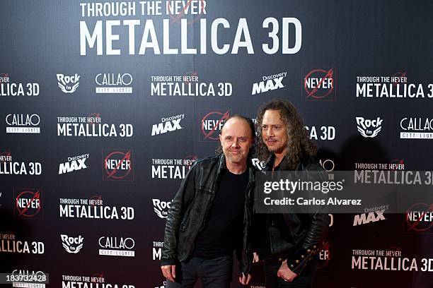 Lars Ulrich and Kirk Hammett of Metallica attend the "Metallica: Through The Never" premiere at the Callao Cinema ME on October 9, 2013 in Madrid,...