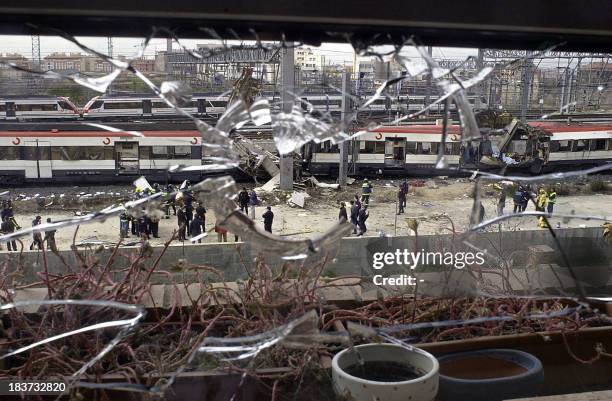 Picture taken through a broken window of the train after its explosion at the Atocha train station in Madrid 11 March 2004. At least 198 people were...