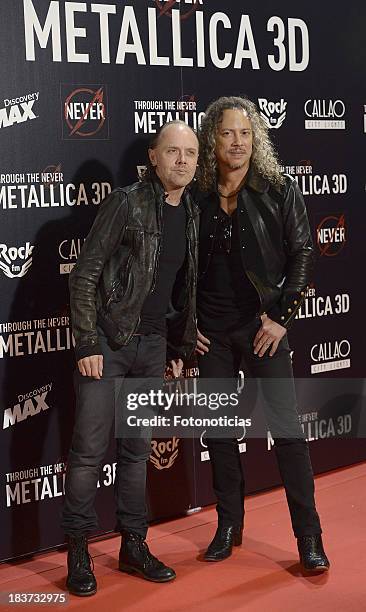 Lars Ulrich and Kirk Hammett of Metallica attend the premiere of 'Metallica: Through The Never' at Callao cinema on October 9, 2013 in Madrid, Spain.