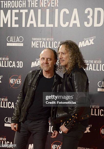 Lars Ulrich and Kirk Hammett of Metallica attend the premiere of 'Metallica: Through The Never' at Callao cinema on October 9, 2013 in Madrid, Spain.