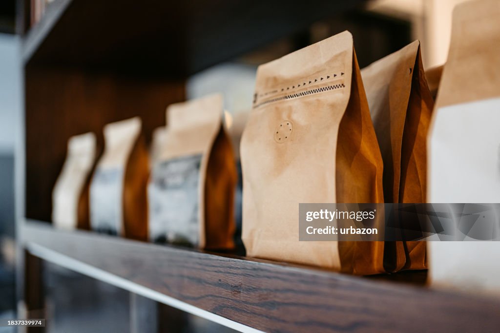 Different Types Of Coffee Sorted Out In Paper Bags In A Coffee Shop In Kuwait