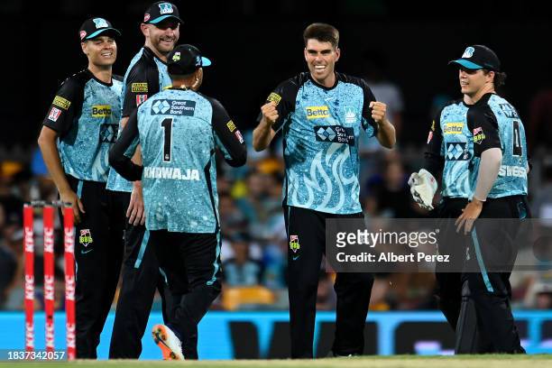 Xavier Bartlett of the Heat celebrates a wicket during the BBL match between Brisbane Heat and Melbourne Stars at The Gabba, on December 07 in...
