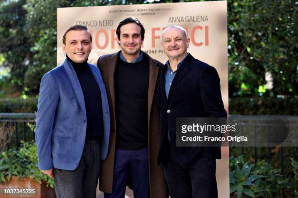 Giampietro Preziosa, Simone Petralia and Marco Simon Puccioni attend the "Giorni Felici" photocall at Cinema Nuovo Sacher on December 07, 2023 in...
