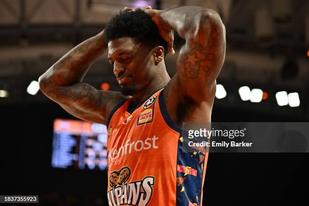 Patrick Miller of the Taipans reacts during the round 10 NBL match between Cairns Taipans and Sydney Kings at Cairns Convention Centre, on December...
