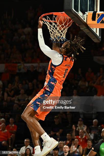 Tahjere McCall of the Taipans dunks during the round 10 NBL match between Cairns Taipans and Sydney Kings at Cairns Convention Centre, on December 07...