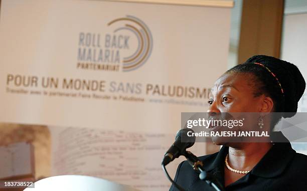 South African singer and Roll Back Malaria ambassador Yvone Chaka Chaka adresses the media during the 6th MIM Pan-African Malaria Conference held at...