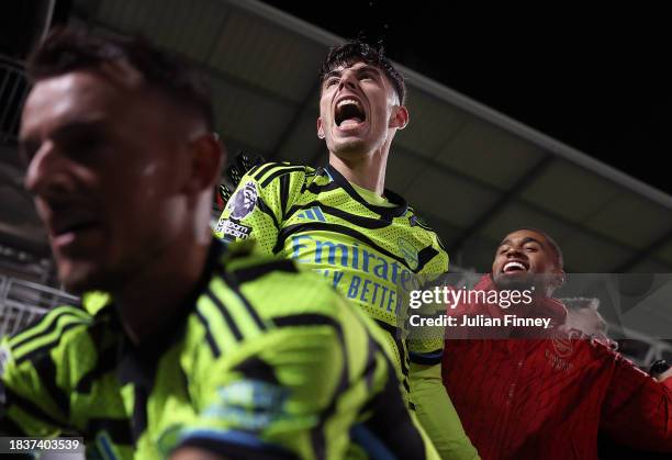 Kai Havertz of Arsenal celebrates their teams last minute winner during the Premier League match between Luton Town and Arsenal FC at Kenilworth Road...