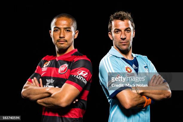 Shinji Ono of the Western Sydney Wanders and Alessandro Del Piero of Sydney FC pose during the 2013/14 A-League Season Launch at Allianz Stadium on...