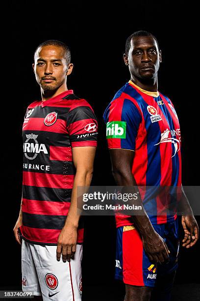 Shinji Ono of the Western Sydney Wanders and Emile Heskey of Newcastle Jets pose during the 2013/14 A-League Season Launch at Allianz Stadium on...