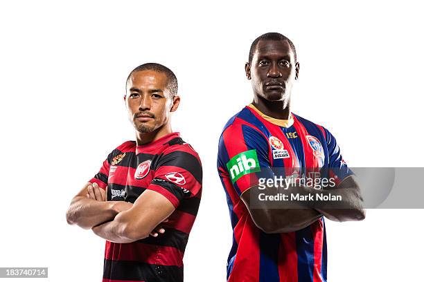 Shinji Ono of the Western Sydney Wanders and Emile Heskey of Newcastle Jets pose during the 2013/14 A-League Season Launch at Allianz Stadium on...