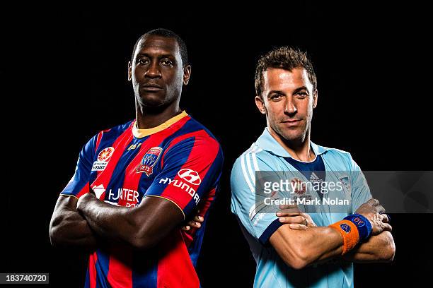 Alessandro Del Piero of Sydney FC and Emile Heskey of Newcastle Jets pose during the 2013/14 A-League Season Launch at Allianz Stadium on October 8,...