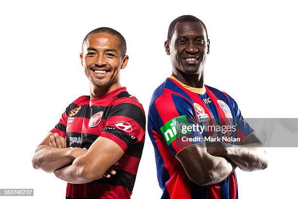 Shinji Ono of the Western Sydney Wanders and Emile Heskey of Newcastle Jets pose during the 2013/14 A-League Season Launch at Allianz Stadium on...