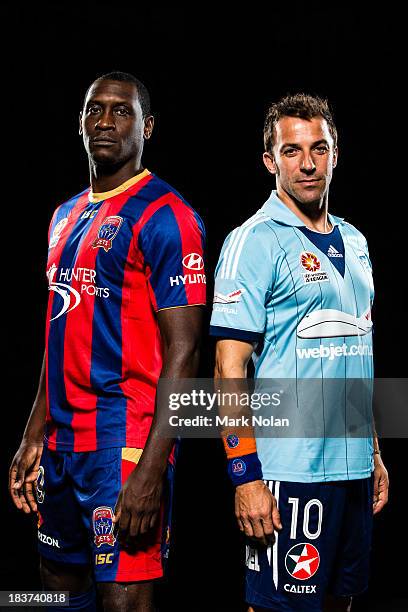 Alessandro Del Piero of Sydney FC and Emile Heskey of Newcastle Jets pose during the 2013/14 A-League Season Launch at Allianz Stadium on October 8,...