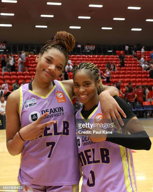 Naz Hillmon and Jordin Canada of the Boomers pose after winning the WNBL match between Perth Lynx and Melbourne Boomers at Bendat Basketball Stadium,...