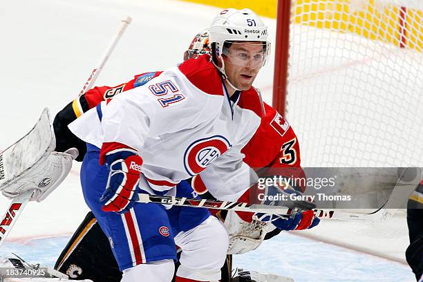 David Desharnais of the Montreal Canadiens skates against the Calgary Flames at Scotiabank Saddledome on October 9, 2013 in Calgary, Alberta, Canada.