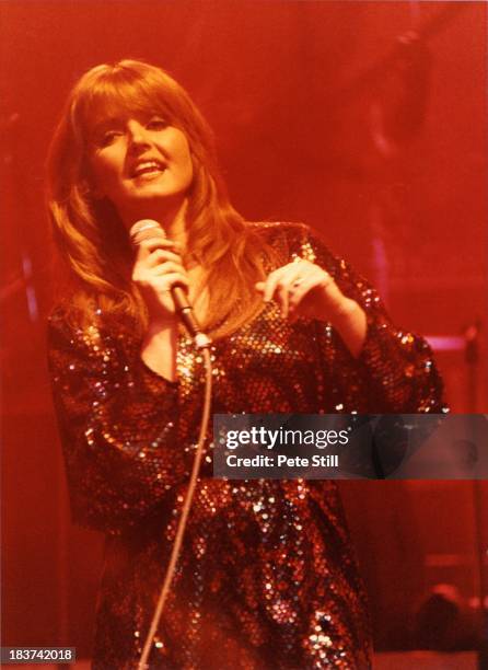 Linda Nolan of The Nolans performs on stage at the Dominion Theatre, on November 30th, 1982 in London, England.