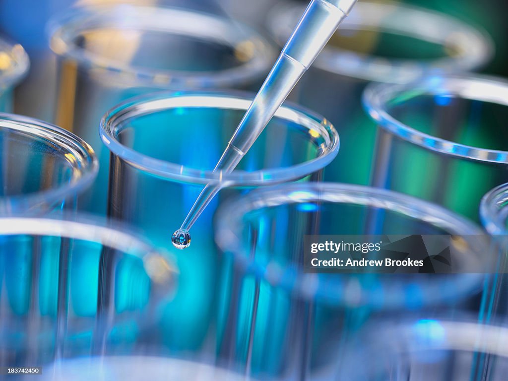 Analytical chemistry - sample being pipetted into test tube for analysis in laboratory
