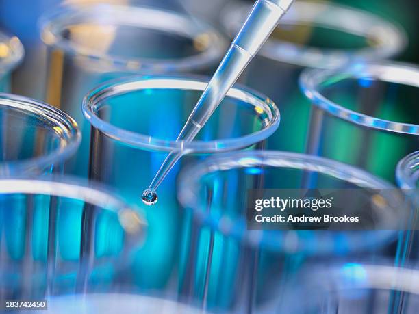 analytical chemistry - sample being pipetted into test tube for analysis in laboratory - artigos-de-vidro-de-laboratório - fotografias e filmes do acervo